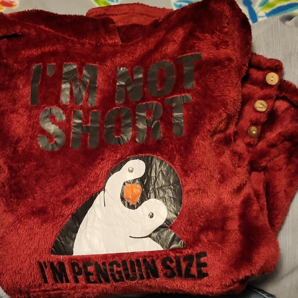 Red Penguin Graphic Fleece Hoodie With Little Ears